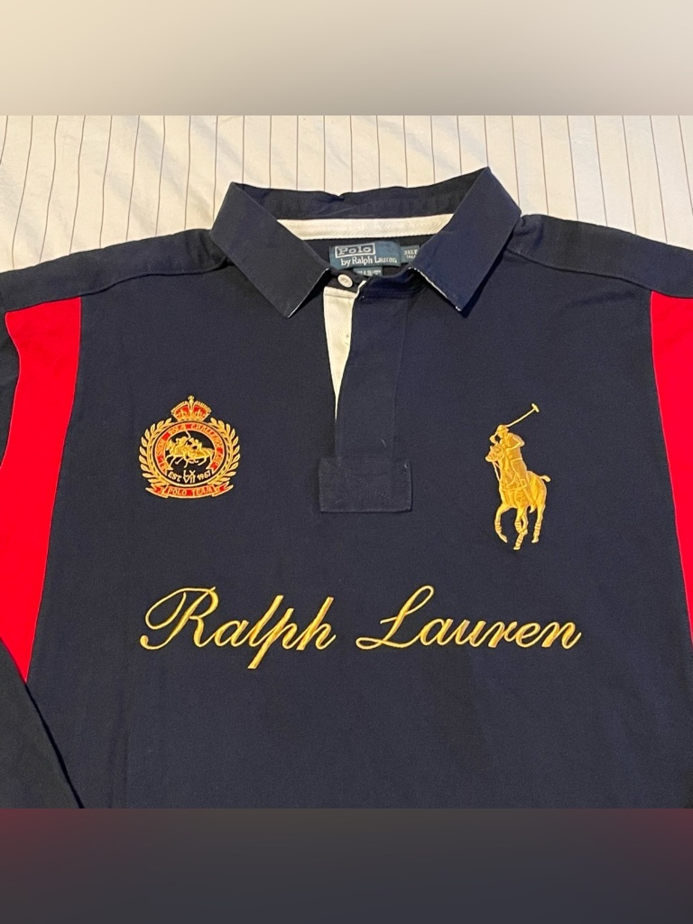 VTG Polo Ralph Lauren Rugby Shirt Mens 3XL Tall Gold Crest Blue Red Big Pony - Picture 4 of 14